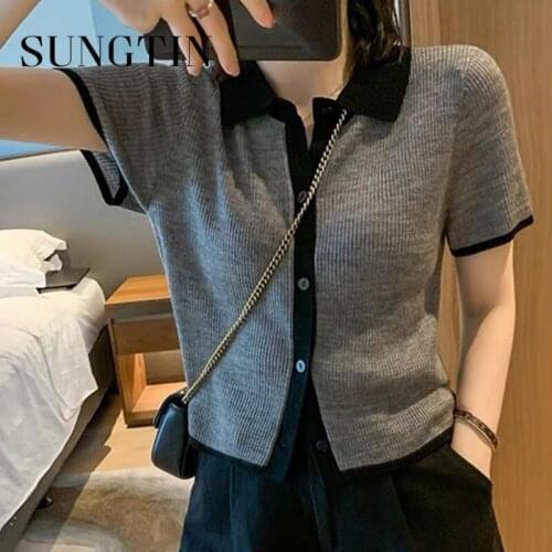 Sungtin Summer Vintage Knitted Shirts for Women Button Straight Turn Collar Casual Fashion Shirt Korean Chic Harajuku Tops 2021