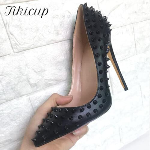 Tikicup Full Spikes Women Sexy Pointy Toe High Heels Fashion Ladies Slip On Stilettos Pumps 12/10/8cm Customize Dress Shoes