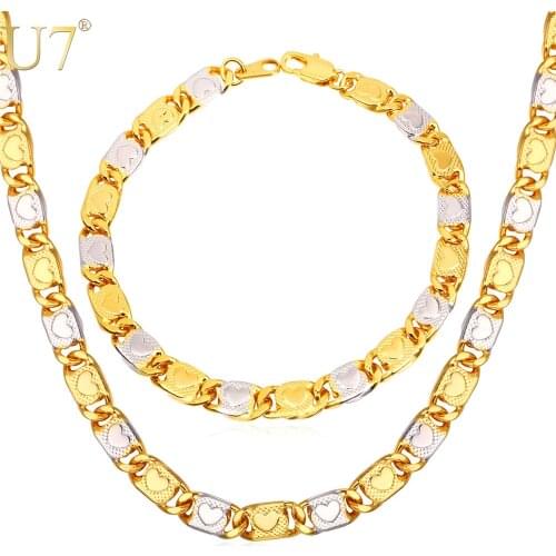 U7 New Two Tone Gold Color Chain Set For Men Party Heart Wholesale 2 Size Chain Necklace Bracelet Men Jewelry Set S806
