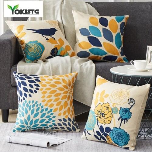 YokiSTG Cartoon Leaves Birds Cushion Covers Cotton Linen Flower Printed Throw Pillowcases Covers For Home Decor Sofa Chair Bed