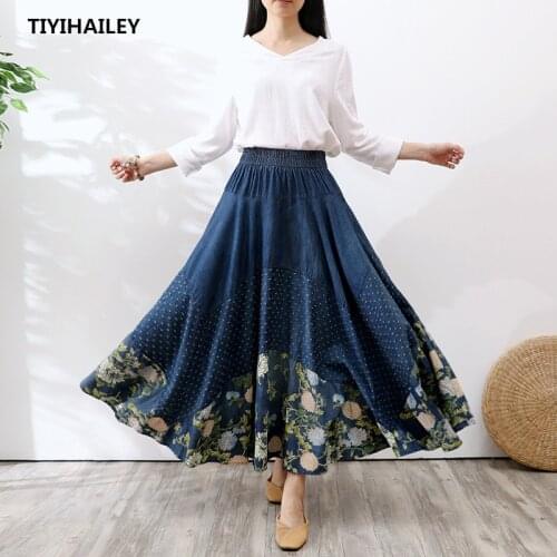 TIYIHAILEY Free Shipping 2021 Long Maxi A-line Skirts Women Elastic Waist Spring And Summer Denim Jeans Vintage Flower Print