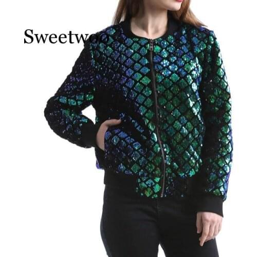 2020 Women Sequin Coat Green Bomber Jacket Spring Autumn Long Sleeve Streetwear Zipper Jacket Fashion Casual Coat