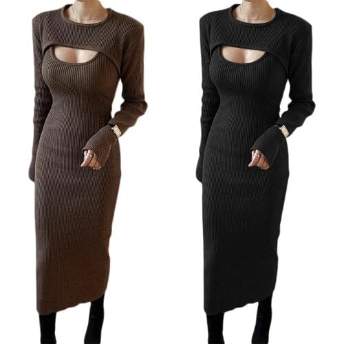 2021 Spring And Autumn Dress Sets 2 Pcs Women Ribbed Outfits Adults Sleeveless U-shaped Neck Dress + Long Sleeve Crop Tops