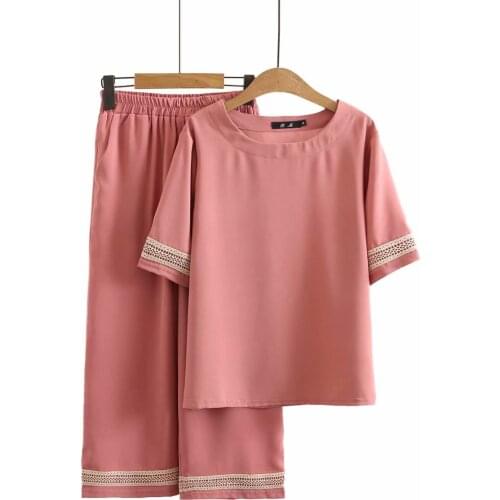 Plus size short sleeve O-Neck Ice silk crinkle lace tshirts and Wide leg pants women sets 2021 new summer ladies 2 pieces female