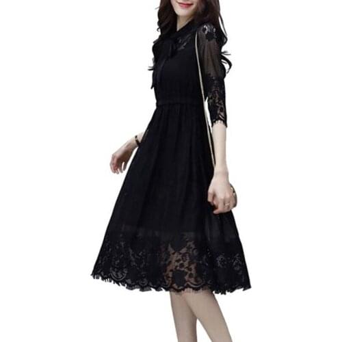 New Black Lace Dress Women 2019 Spring Summer High waist A-line Dresses Female Plus size Temperament Pullover Lace Dresses H805
