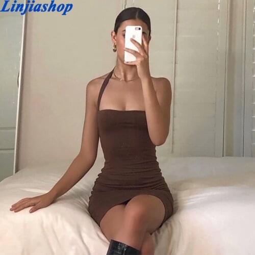 Spring summer women mini dress sleeveless strapless sexy halter club night party dresses elegant backless bodycon femme vestidos