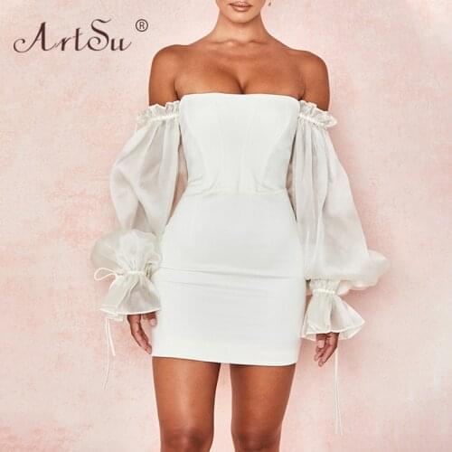 ArtSu White Womens Mini Dress Sexy Off Shoulder Long Lantern Sleeve Fashion Drawstring Bodycon Party Dresses Winter Christmas