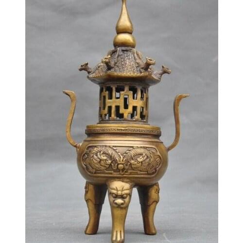 10"old China Buddhism bronze Dragon pavilion Incense Burner censer Tower Stupa