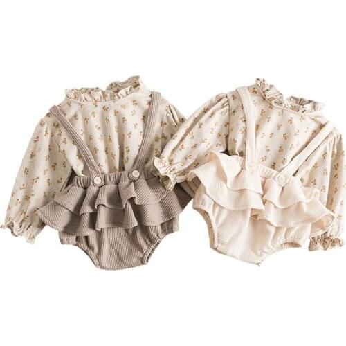 0-24 Months Baby Girls 2pcs Outfits Long Sleeve Floral Print Tops + Suspender Shorts Set Infant Girls Spring Autumn Set