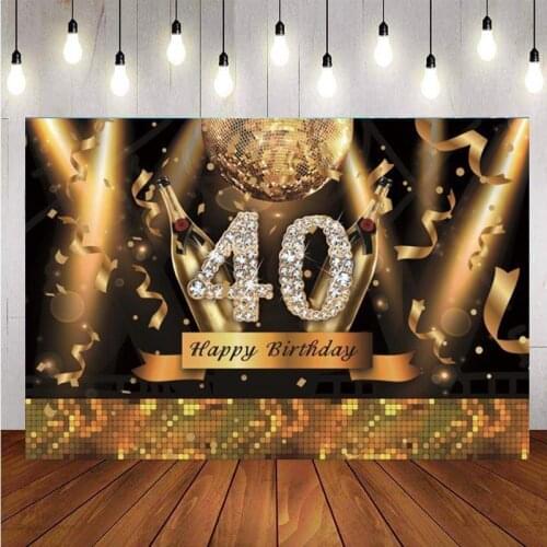 40th Photography Backdrop Gold Light Champagner Happy Birthday Papty Photo Studio Background Decor Banner Prop
