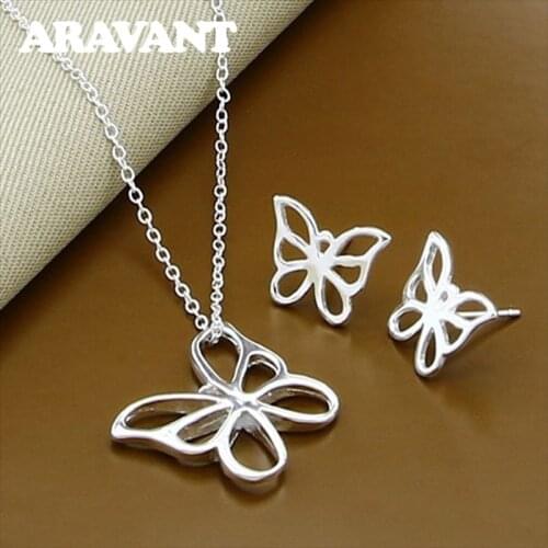 925 Silver Hollow Butterfly Necklace Earring Set For Women Wedding Jewelry