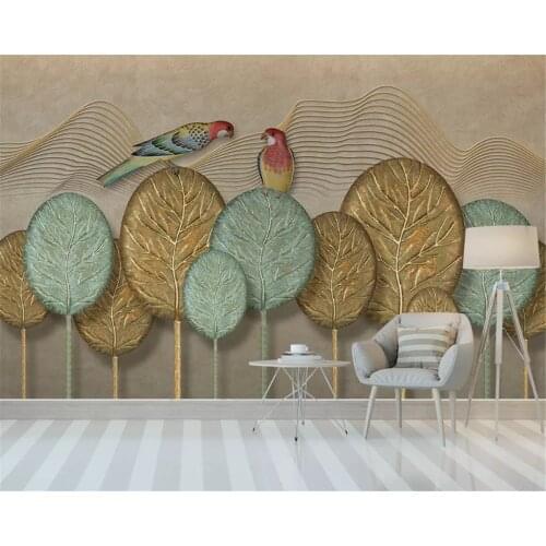 Beibehang custom size Nordic minimalist abstract hand-painted gold leaf forest parrot background Papel de parede wallpaper