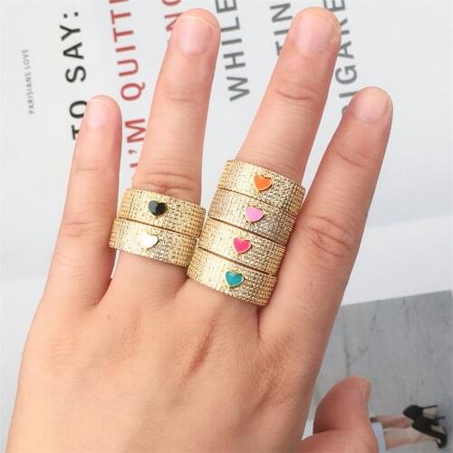 Shiny Zircon Ring For Women, Multicolor Adjustable Copper Gold Plated Enamel Heart Rings Party Jewelry Gift