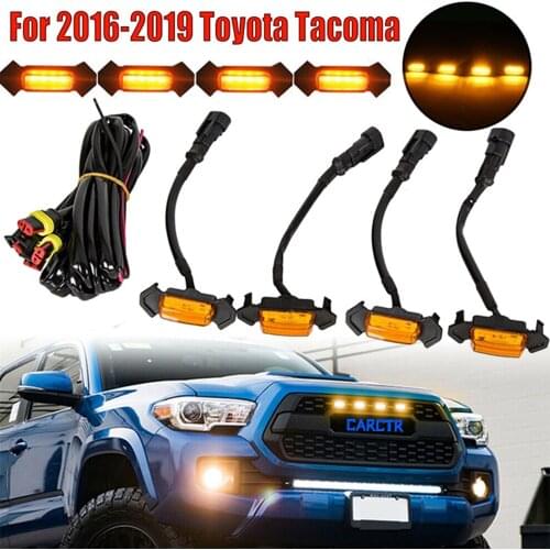 CARCTR 4Pc Set 12v Front Grille Lighting for 2016-2019 Toyota Tacoma Lights Smoked Lens Amber White The Width Daytime Lights