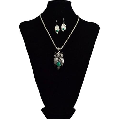 Idealway Boho Vintage Snake Chain Green Stone Necklace Lovely Owl Pendant Necklace Bracelet Earring Sets Retro Jewelry