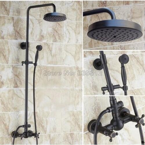 Black Oil Rubbed Bronze Rain Shower Faucet Set with Handheld Shower Head / Bathroom Wall Mounted Cross Handles Mixer Taps Wrs416