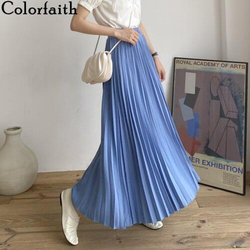 Colorfaith 2020 Women Casual Chiffon Maxi Skirt Spring Summer Pleated Multi Colors Fashion Flared High Waist Long Skirts SK1075