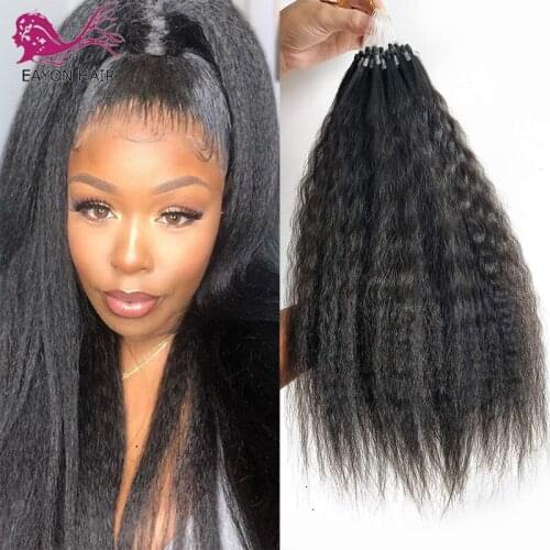 EAYON Kinky Straight Micro Loop Human Hair Extensions Brazilian Remy Human Hair Micro Loop 1g/strand 100/Set Natural Black Color