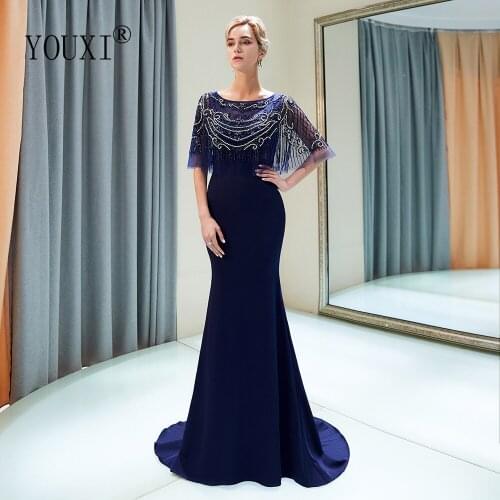 Elegant Navy Blue Evening Dresses with Half Sleeves 2020 Elastic Satin Beaded Beading Crystal Formal Mermaid robe de soiree