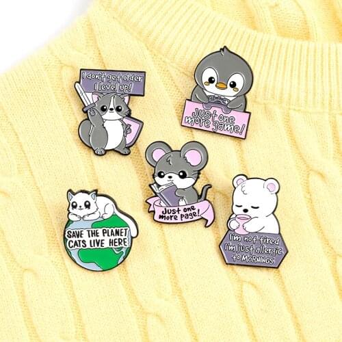 Just One More Game Page Enamel Pin Custom Funny penguin Cat Rat Bear Raccoon Brooches Shirt Lapel Badge Bag Animal Jewelry Gift