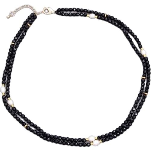 GG Jewelry 2 rows Natural Genuine faceted Round black onyx Cultured white freshwater Pearl choker Necklace 17" for women