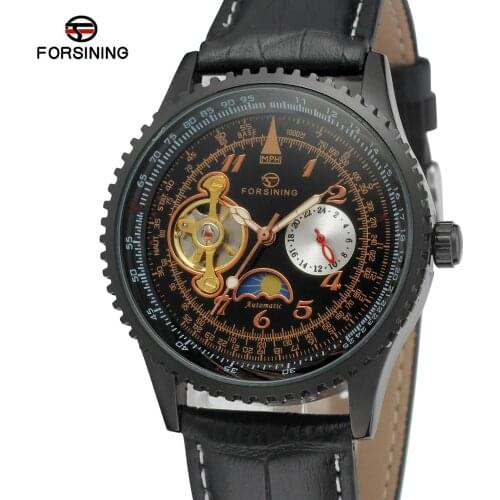 Classic Mens Mechanical Watch Automatic Moon Phase Calendar Clock Sport Leather Wristwatch Relojes