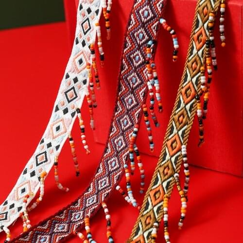1x200cm Ethnic Style Tassel Lace Decoration Clothing Accessories Hand String Rice Beads Hand Made DIY Material with Side Webbing