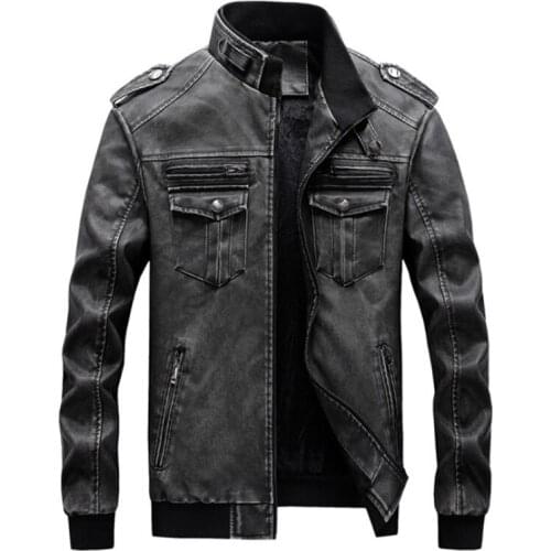 Newest Mens Casual Leather Jacket Autumn Winter Stand Collar Motorcycle Leather Jacket Male Multi Pocket Loose Jacket Men