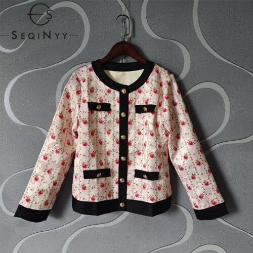 SEQINYY Fashion Designer Jacket Spring Autumn Women Elegant Pink Flowers Print Dobby Short Top