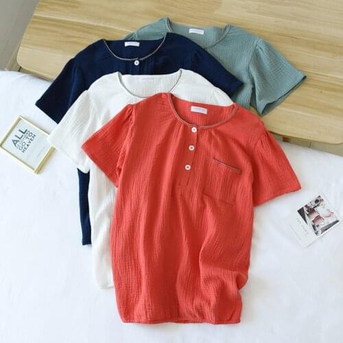 Summer New Product Washed Texture Crepe Gauze Short-sleeved Round Neck Top Casual Home Sleep Shirt Camison Mujer Verano