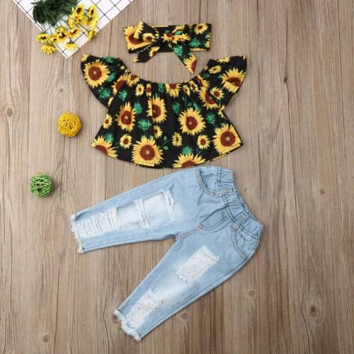 Toddler Kids Baby Girl Summer Outfit Floral Ruffle Sleeve Off-shoulder Top Ripped Jeans Pants Headband Set