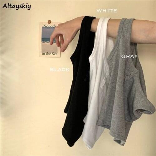 3 Colors Tanks Women Solid Basic Button Korean Style Chic Trendy Popular Leisure All-match Streetwear Female Crop Top Summer Ins
