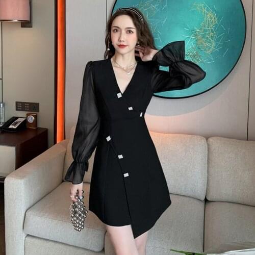 Fashion Korean Autumn V-Neck Flare Sleeve Perspective Mini Party Dress Women Elegant Streetwear Black Female Asymmetrical Dress