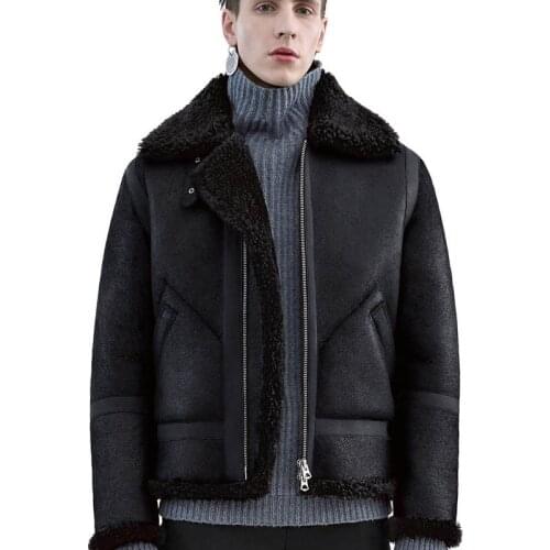 Brand Runway Men Genuine Leather Jacket Warm Lamb Wool Real Fur Lining Winter Biker Coat 6XL Shearling Aviator Jacket Streetwear