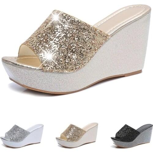 2021 New Fashion Women Summer Casual High Heel Wedge Skid Slippers Womens Sandals Silver Bling Flip Flops Shoes