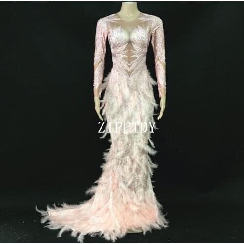 New Sparkly Rhinestones Pink Feather Nude Dress Sexy Full Stones Long Big Tail Costume Prom Birthday Celebrate Dresses
