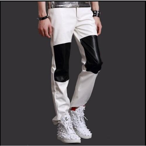 New Men Nightclub Bar Singer Tide Black Spliced Straight Pants Personality Ds Pu Leather Trousers Stage Costume