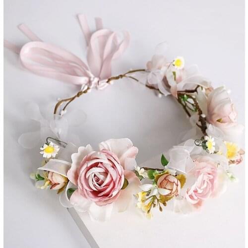 Korean Pink Flower Garland bride Headband Hair Band Travel Beach Headdress wedding bride hair accessories