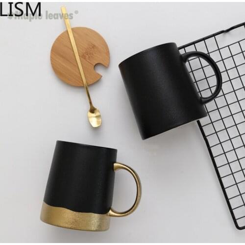 Retro Gold Coffee Mug with Cover Lid Ceramic Simple Milk Tea Cup Beer Black Creative Coffee Mugs Travel Cute Tazas De Cafe Cups