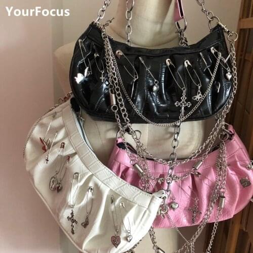 Aesthetic Rok Gothic Y2k Chain Handbag Metal Punk Butterfly Angel Cross Heart Pendant PU Leather Underarm Bag Pink Black Bags