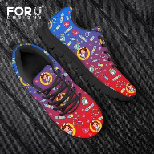FORUDESIGNS 2021 Womens Sneakers Nurse Shoes Cute Gradient Cartoon Nurses Print Mesh Breath Flats Shoes Lace-up Sapato Feminino