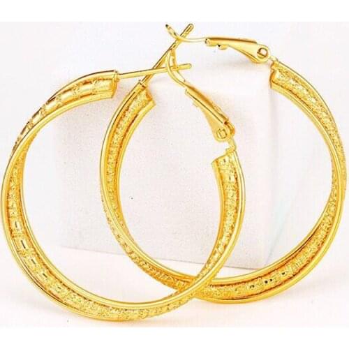 MxGxFam Round Twist Circle Hoop Earrings 3.5 cm For Women Jewelry no Stone 24 k Pure Gold Color Europe Hot