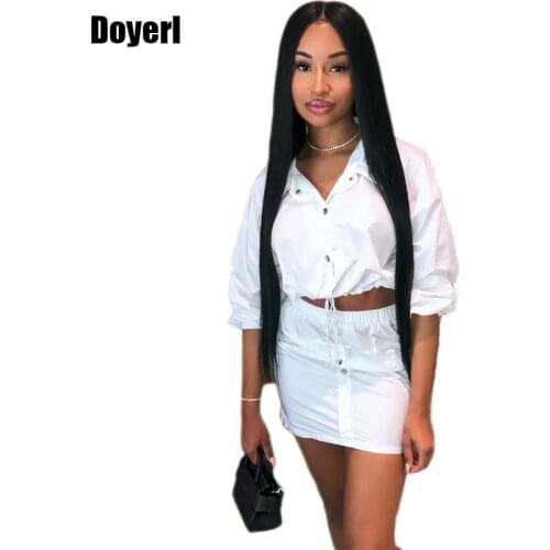 White Two Piece Set Skirt Women Tracksuit Autumn Long Sleeve Drawstring Button Crop Top + High Waist Skirt Set Casual Women Set
