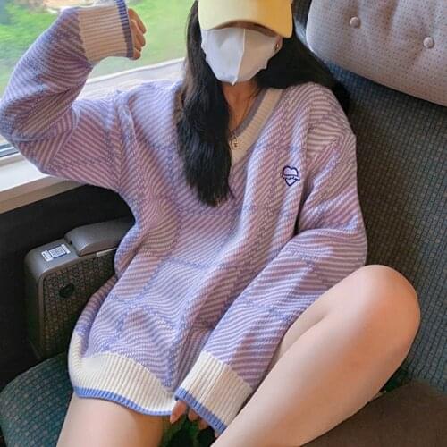 Knit Sweater Womens Soft Top Purple V-neck Girls Autumn Winter New Loose Lazy Chic Kawaii Korean Pullover Sweet Ladies Jumper