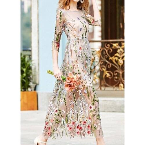Embroidery Party Dresses Runway Floral Bohemian Flower Embroidered 2 Pieces Vintage Boho Mesh Dresses For Women Vestido