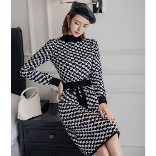 BYGOUBY Goose Foot Patern Long Knit Women Midi Sweater Dress Elegant Bowtie Knot A Line Dress Thick Warm Turtleneck Pullover Top
