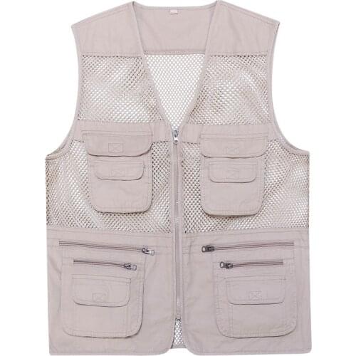 Male Vest with Many Pockets New Casual Loose Cotton Men Vest V-Neck Mesh Zipper Sleeveless Mens Jacket Spring Summer