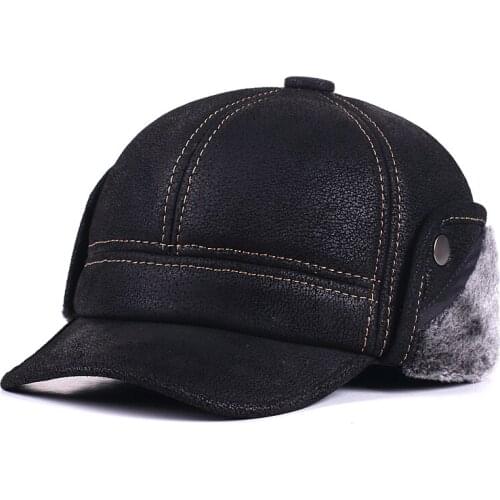 Frosted Pigskin Winter Mens Baseball Cap Ear Protection Warm Outdoor Elderly Leather Hat Black / Brown