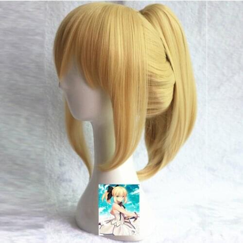 35cm Fate stay night saber lily Cosplay Full Wig Golden Synthetic Hair Wigs With Ponytail+hairnet