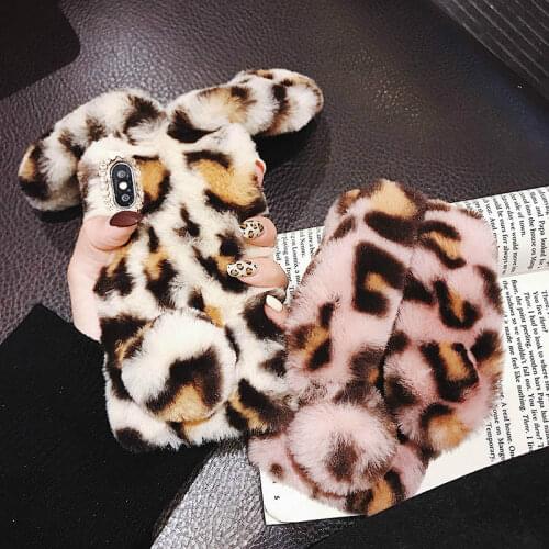 3D Rabbit Ears Plush Warm Phone Case For iPhone 12 11 Pro Max XS XR X 6S 7 8 Plus SE 2020 5C 4S Fashion Leopard Furry Fur Covers